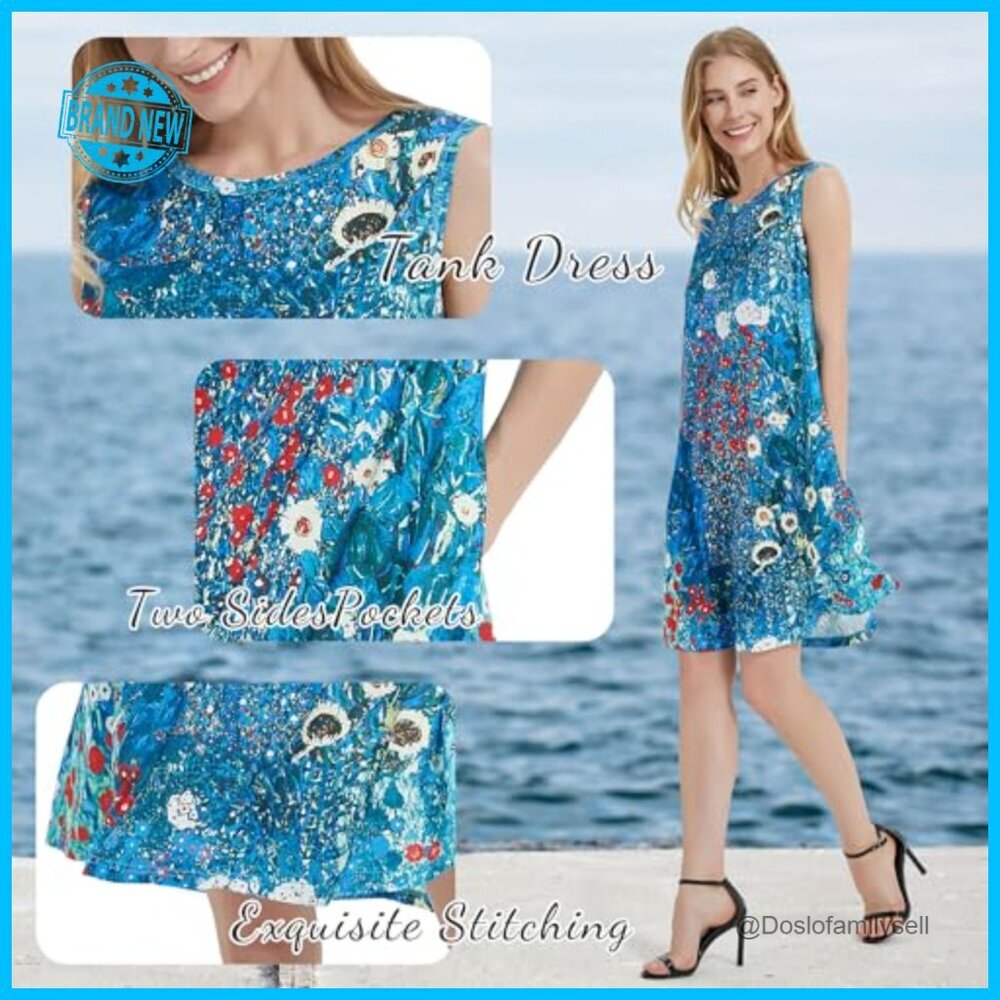 Floral Sleeveless Sundress with Pockets Casual Boho Beach Dress Loose Fit - Picture 4 of 6